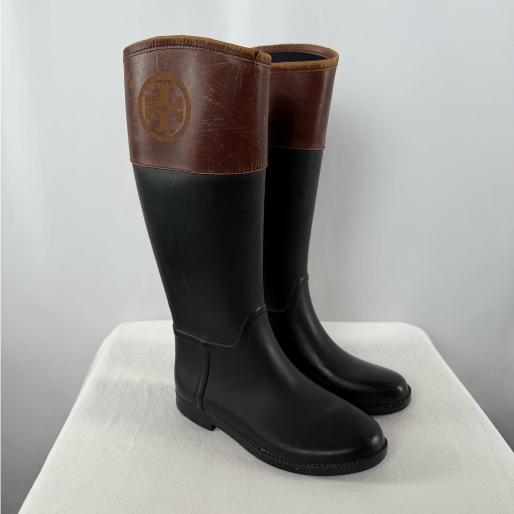 Tory Burch Leather Rubber Diana Equestrian Riding Boots in Black Brown Size‎ 8